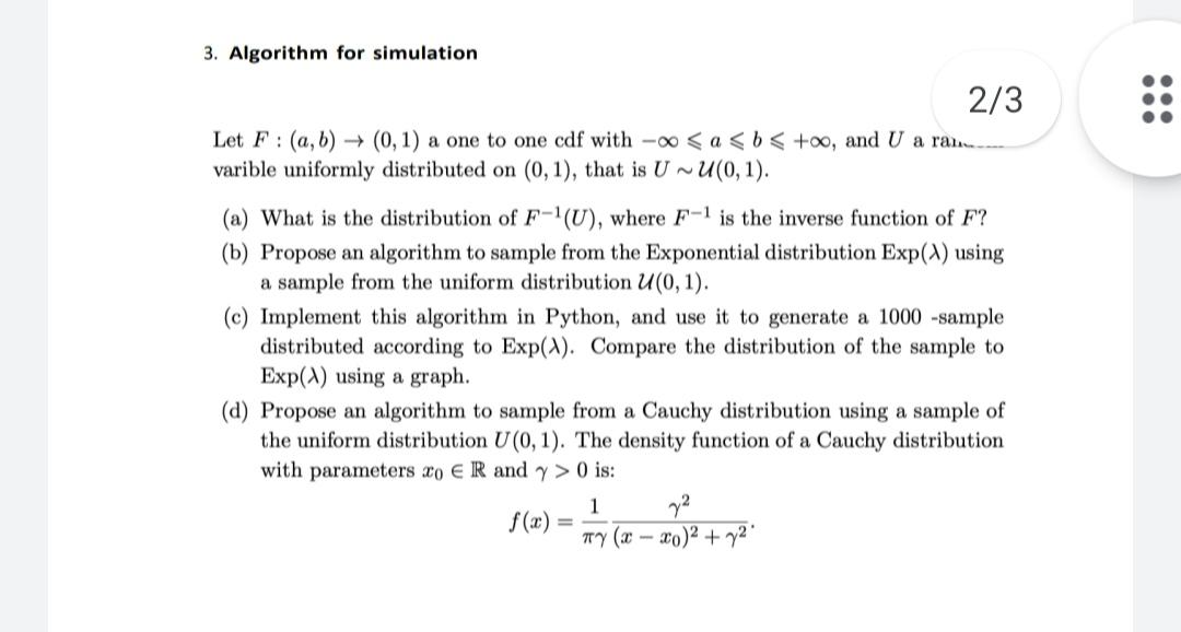 3. Algorithm for simulation 2/3 Let F: (a,b) (0,1) a | Chegg.com