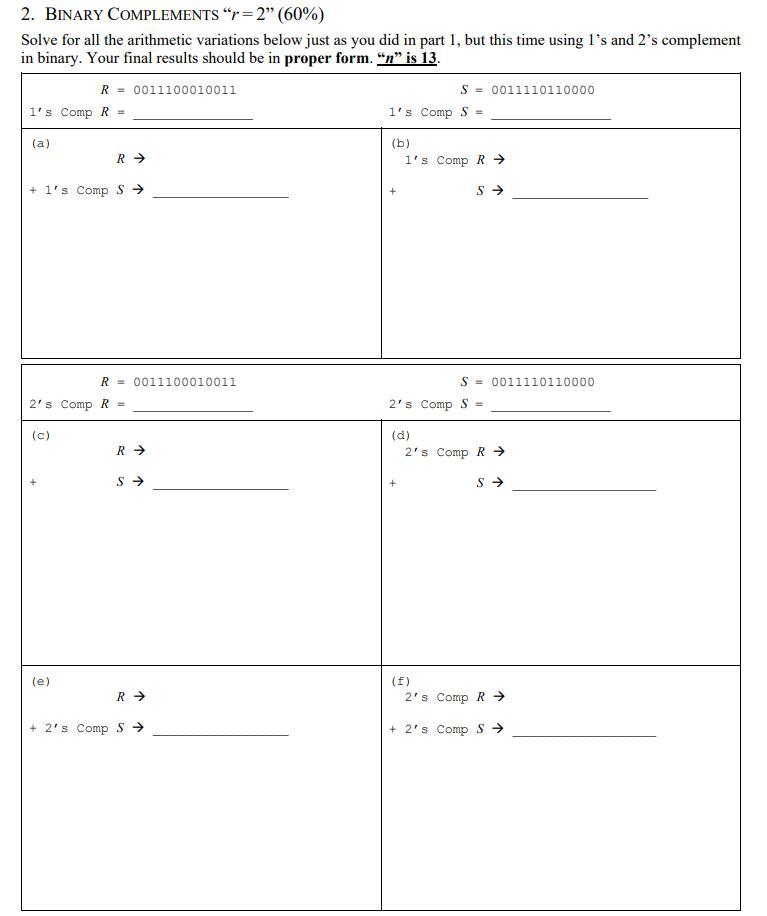 Solved 2. BINARY COMPLEMENTS " r=2"(60%) Solve for all the | Chegg.com