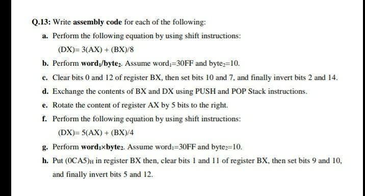 Solved Q.13: Write assembly code for each of the following: | Chegg.com