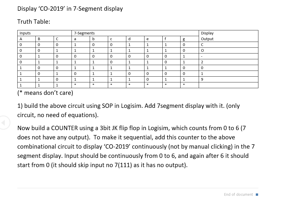 Solved Display 'CO-2019' in 7-Segment display Truth Table: | Chegg.com