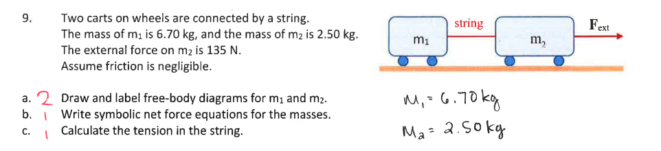 Solved 9. Two carts on wheels are connected by a string. The | Chegg.com