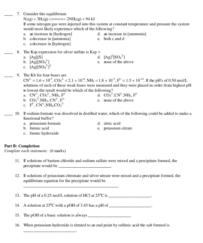 Solved 7. Consider This Equilibrium N2(g) + 3h2(g)