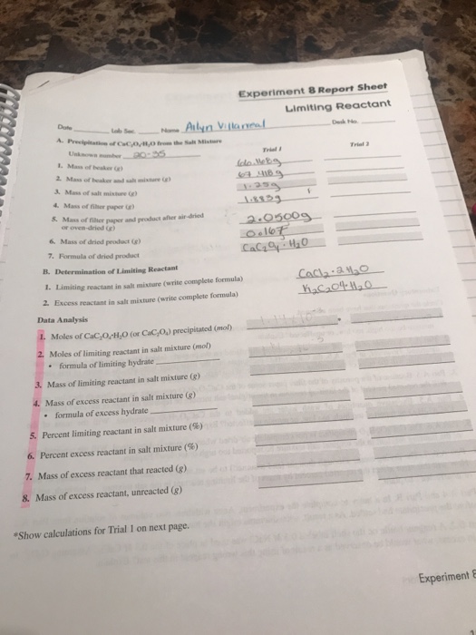 experiment 8 limiting reactant prelab