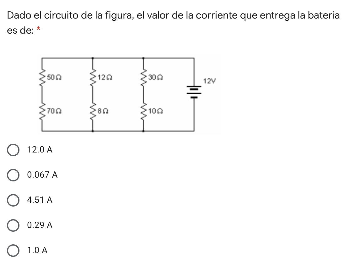 Dado el circuito de la figura, el valor de la corriente que entrega la batería es de: * 5012 122 3052 12v 702 892 1012 12.0 A