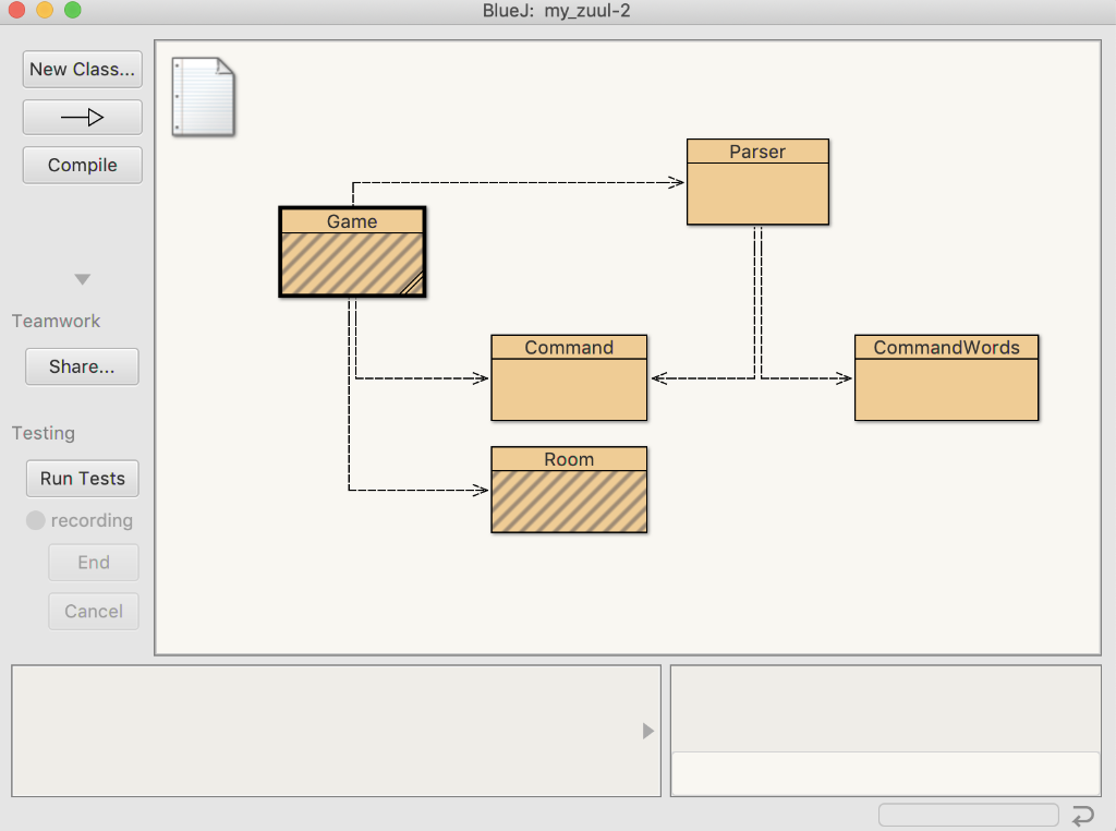 BlueJ: my_zuul-2 New Class... Parser Compile Game Teamwork Command CommandWords Share... Testing Room Run Tests - - - - - > r