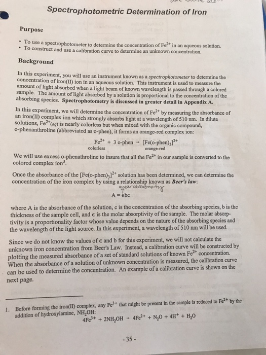 Solved Spectrophotometric Determination of Iron Purpose . T