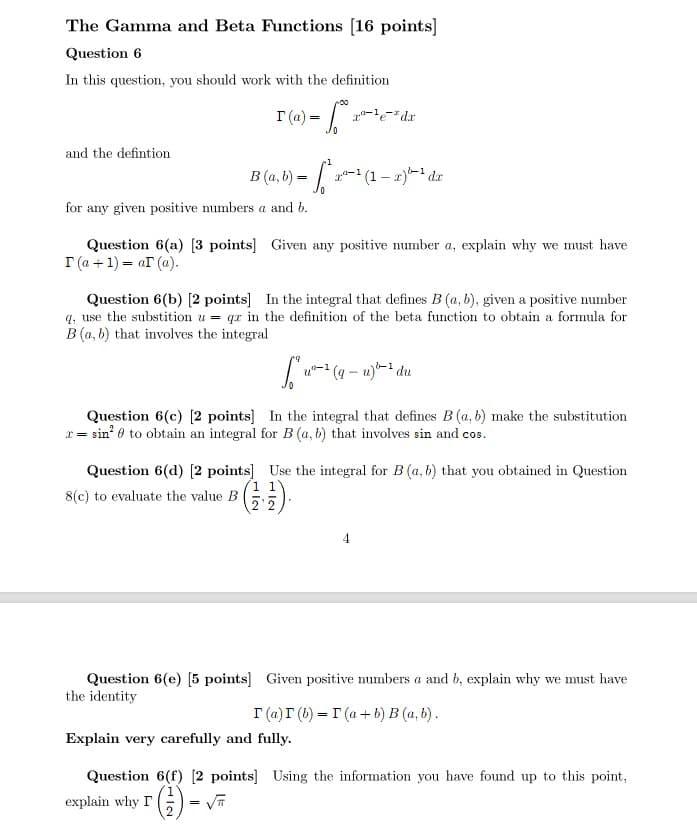 Solved The Gamma and Beta Functions (16 points) Question 6 | Chegg.com