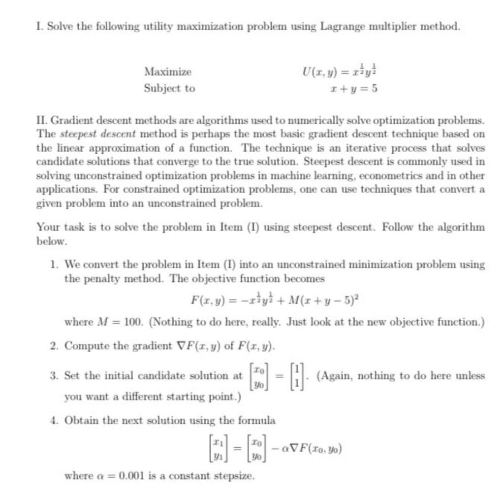 Solved I. Solve The Following Utility Maximization Problem | Chegg.com