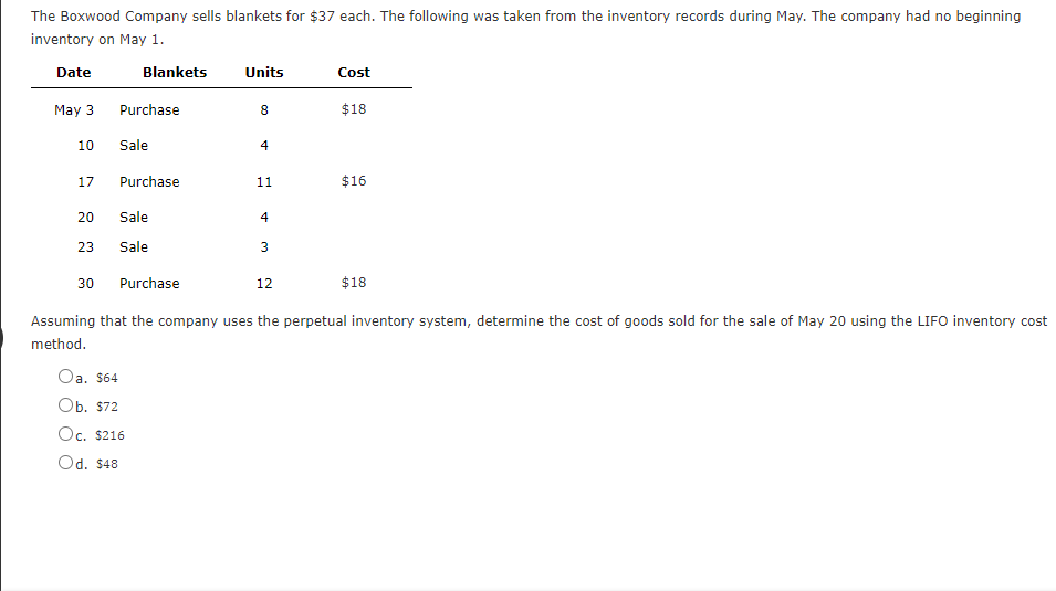 Solved The Boxwood Company sells blankets for 37 each. The
