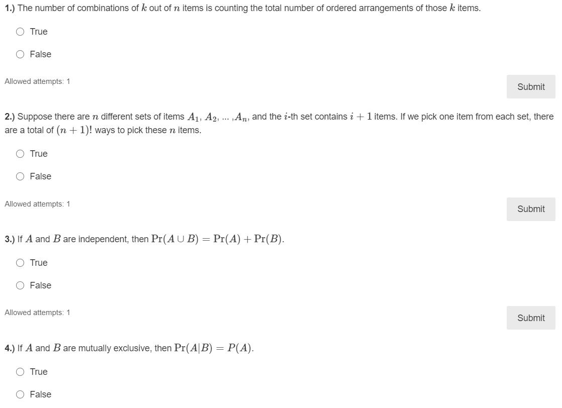 Solved 1.) The number of combinations of k out of n items is