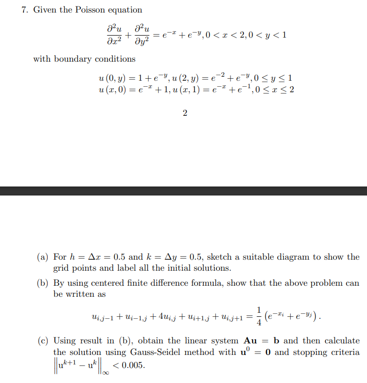 Solved 7. Given the Poisson equation ∂x2∂2u+∂y2∂2u=e−x+e−y,0 | Chegg.com