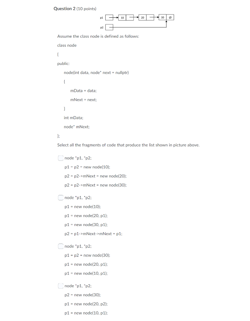 Solved Question 2 (10 points) Assume the class node is | Chegg.com