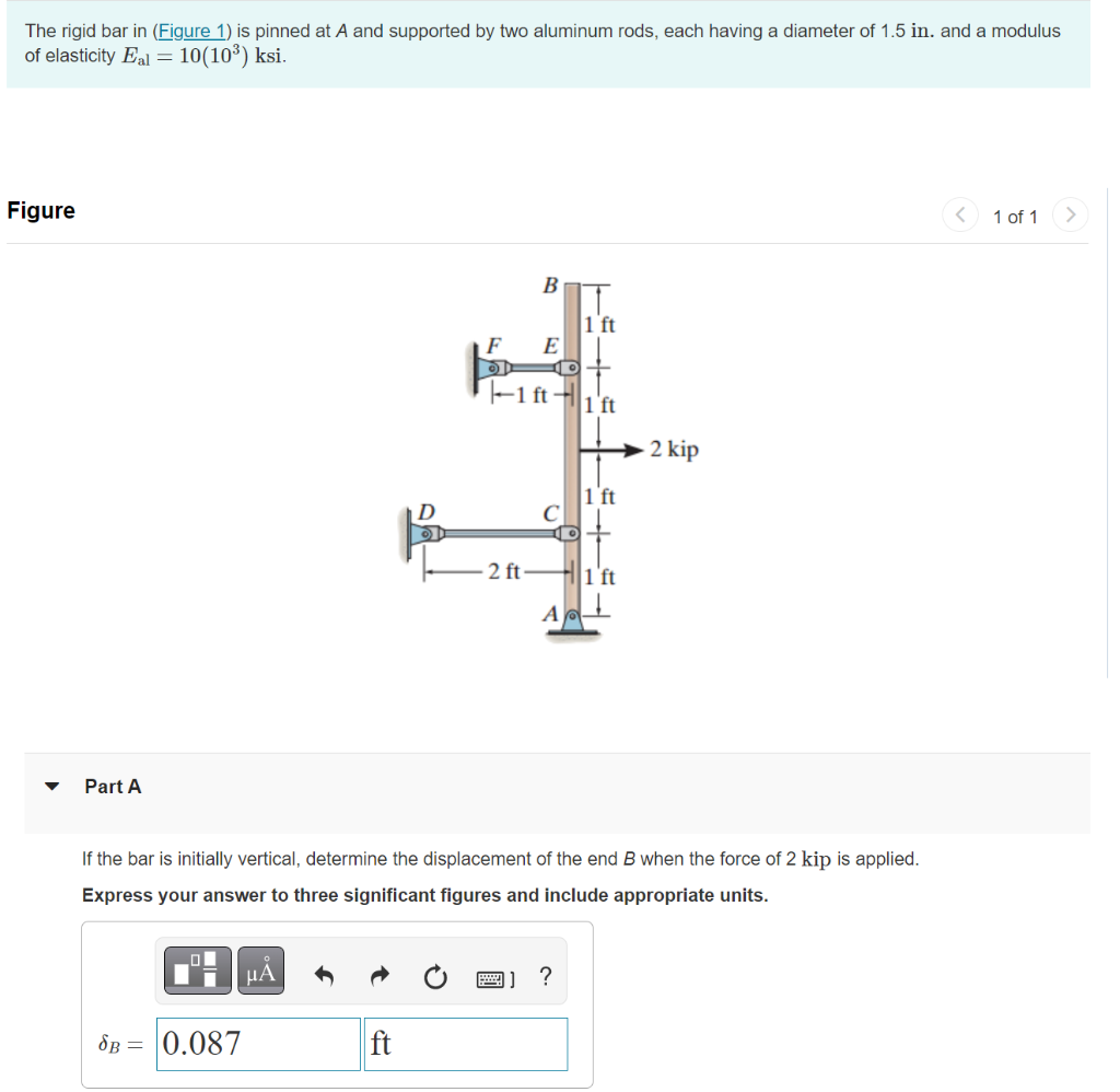 The rigid bar in (Figure 1) is pinned at A and supported by two aluminum rods, each having a diameter of 1.5 in. and a modulu