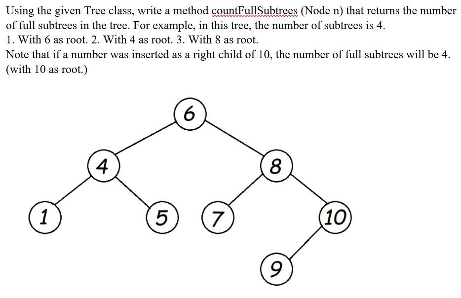 Solved Using the given Tree class, write a method | Chegg.com