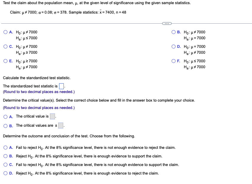 Solved Test The Claim About The Population Mean, μ, At The 