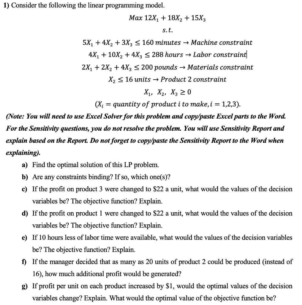 Solved 1) Consider The Following The Linear Programming | Chegg.com