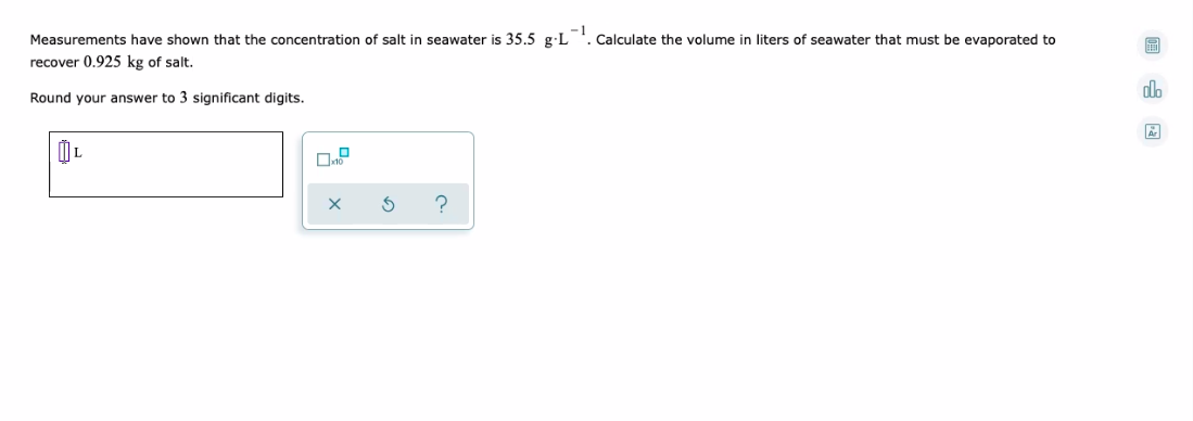 Solved Calculate the volume in liters of seawater that must | Chegg.com