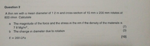 Solved Question 2 A thin rim with a mean diameter of 1 2 m | Chegg.com