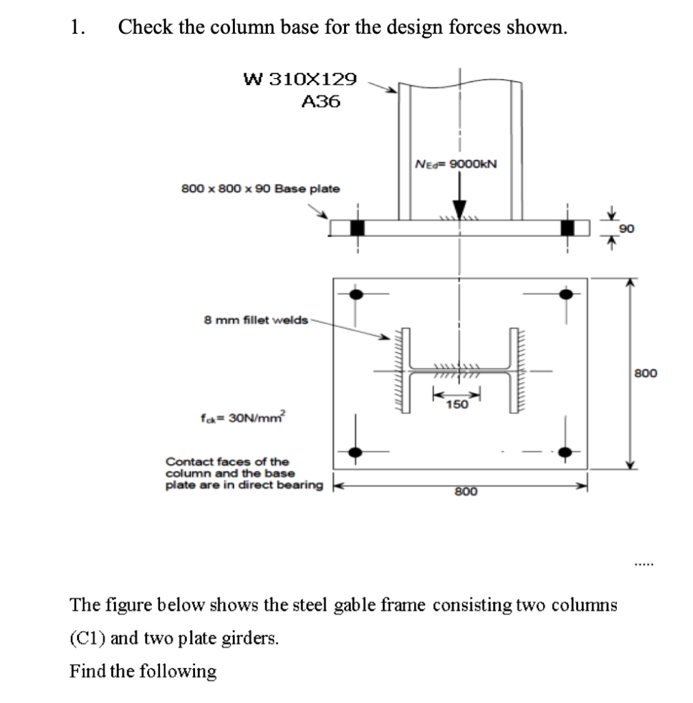 Solved 1. Check the column base for the design forces shown. | Chegg.com