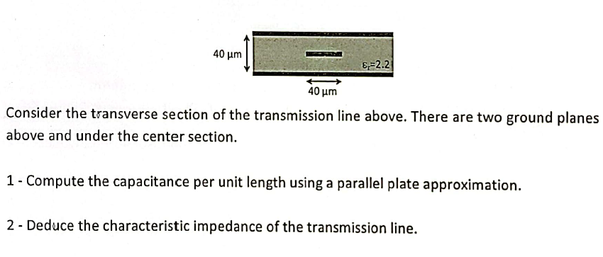 Consider the transverse section of the transmission line above. There are two ground planes above and under the center sectio