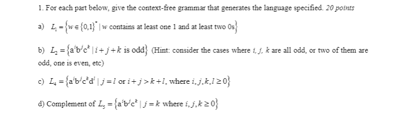 Solved 1. For each part below, give the context-free grammar | Chegg.com