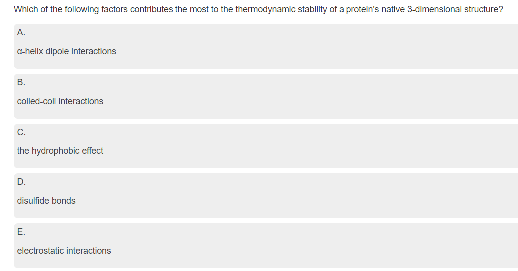 Which of the following factors contributes the most to the thermodynamic stability of a proteins native 3-dimensional struct