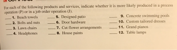 Solved For Each Of The Following Products And Services, | Chegg.com