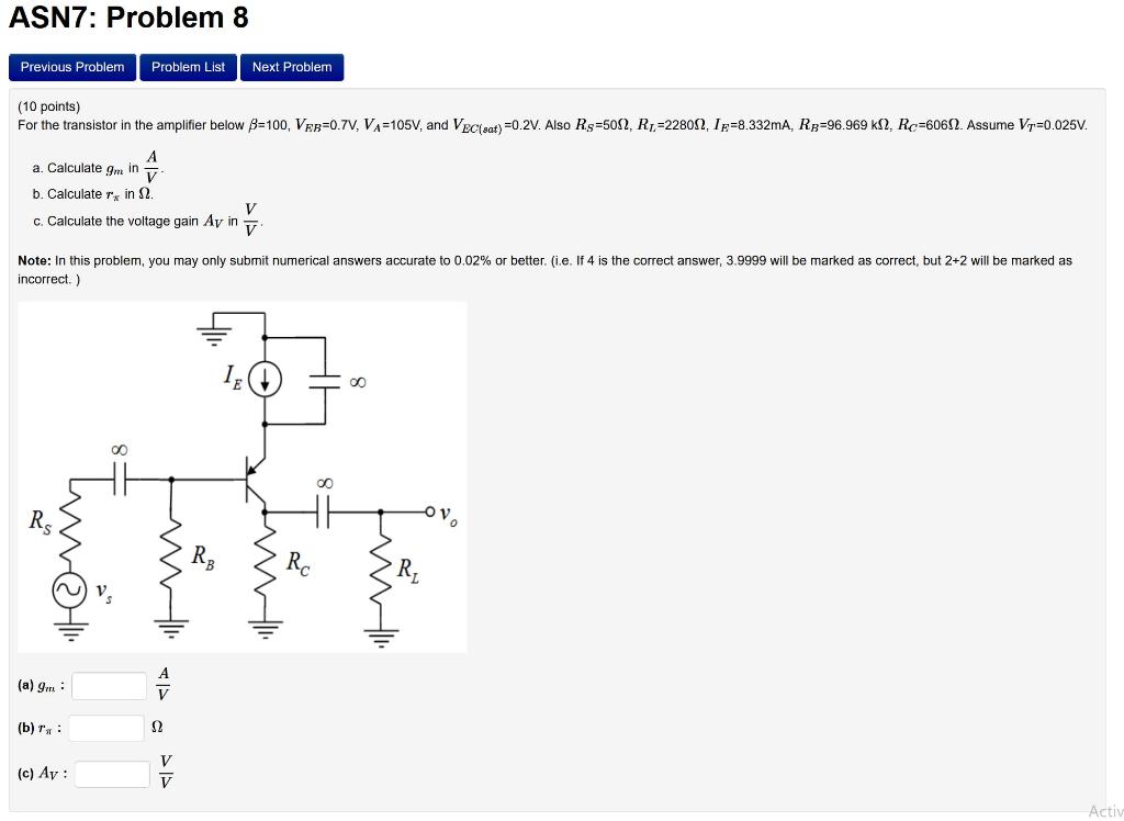 Solved (10 points) For the transistor in the amplifier below | Chegg.com