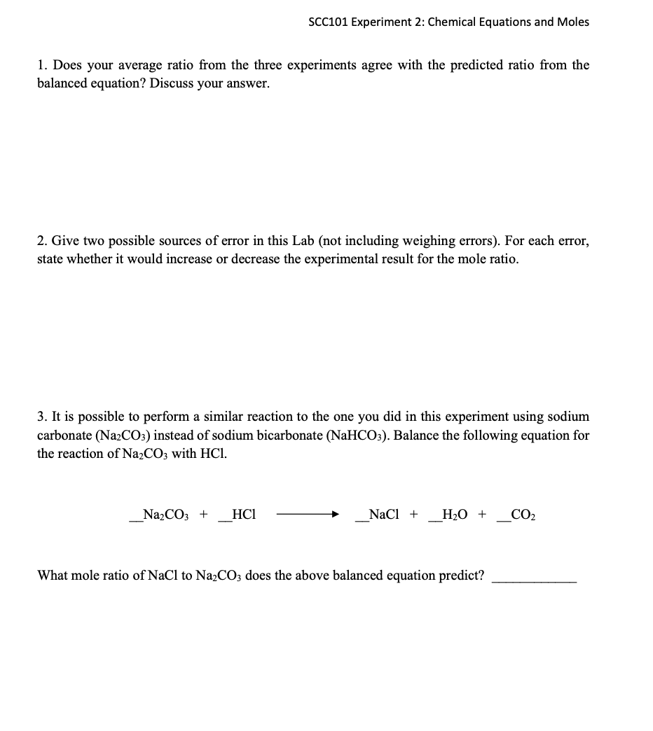 Solved SCC101 Experiment 2: Chemical Equations and Moles | Chegg.com