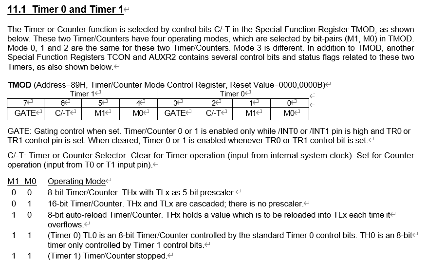 11.1 Timer 0 and Timer 14 The Timer or Counter function is selected by control bits C/-T in the Special Function Register TMO