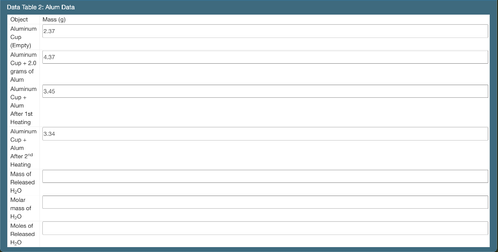 Solved Data Table 2: Alum Data Mass (9) 2.37 Object Aluminum | Chegg.com