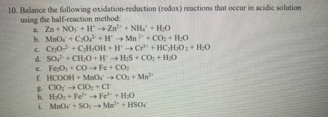 Solved 10. Balance The Following Oxidation-reduction (redox) 