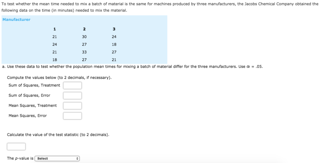 Solved To test whether the mean time needed to mix a batch | Chegg.com