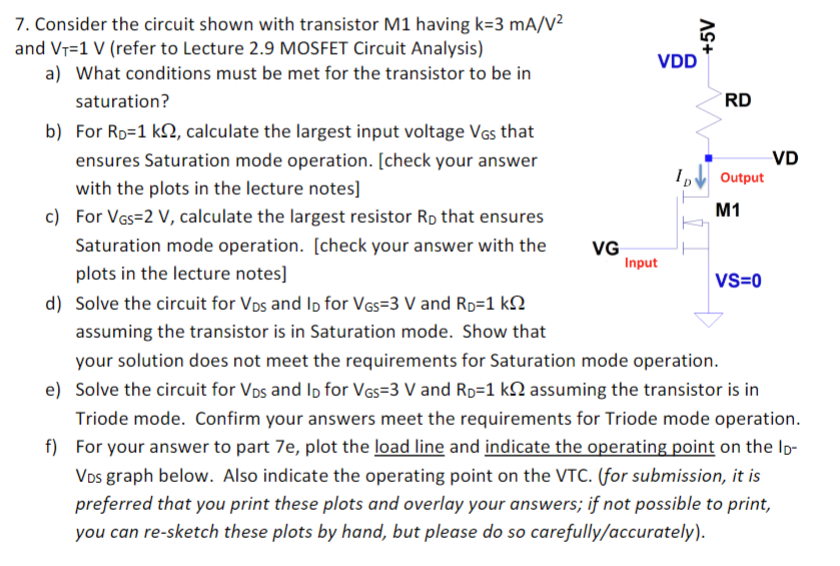 Solved 7. Consider the circuit shown with transistor M1