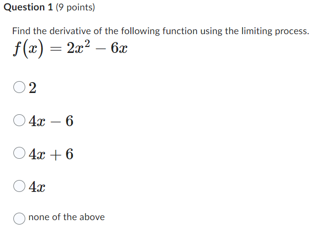 Solved Question 1 (9 ﻿points)Find the derivative of the | Chegg.com