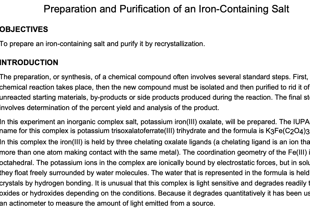 Solved Preparation and Purification of an IronContaining