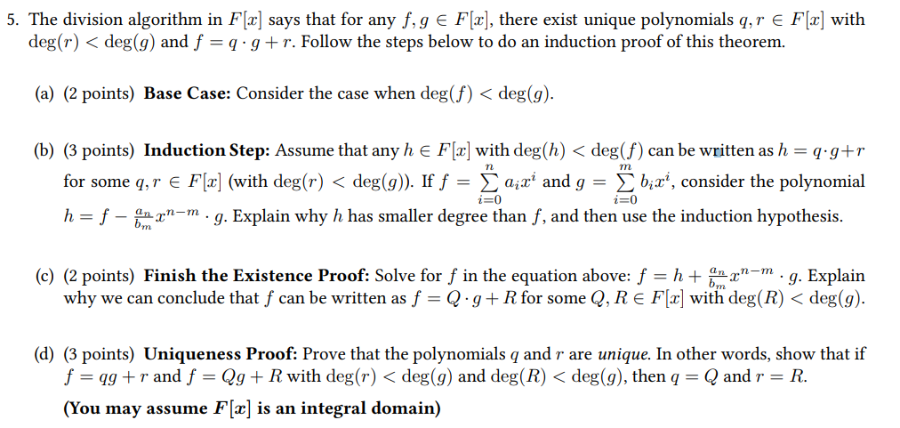 Solved 5. The division algorithm in F[x] says that for any | Chegg.com