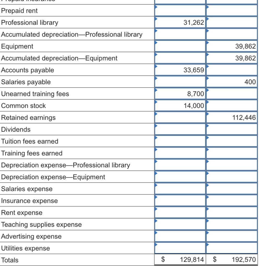 Prepaid rent professional library 31,262 accumulated depreciation-professional library equipment 39,862 accumulated depreciat