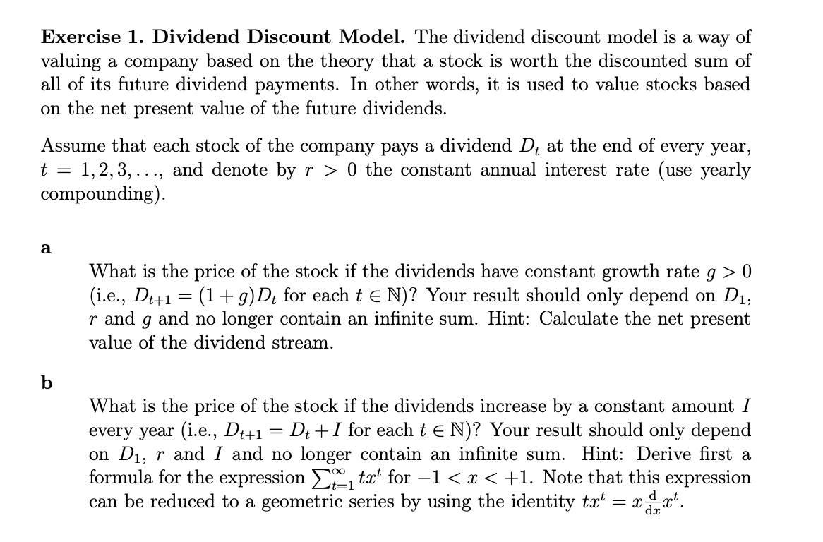 Exercise 1. Dividend Discount Model. The Dividend | Chegg.com