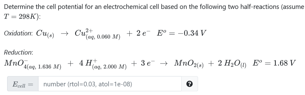 Solved Determine The Cell Potential For An Electrochemical 9446