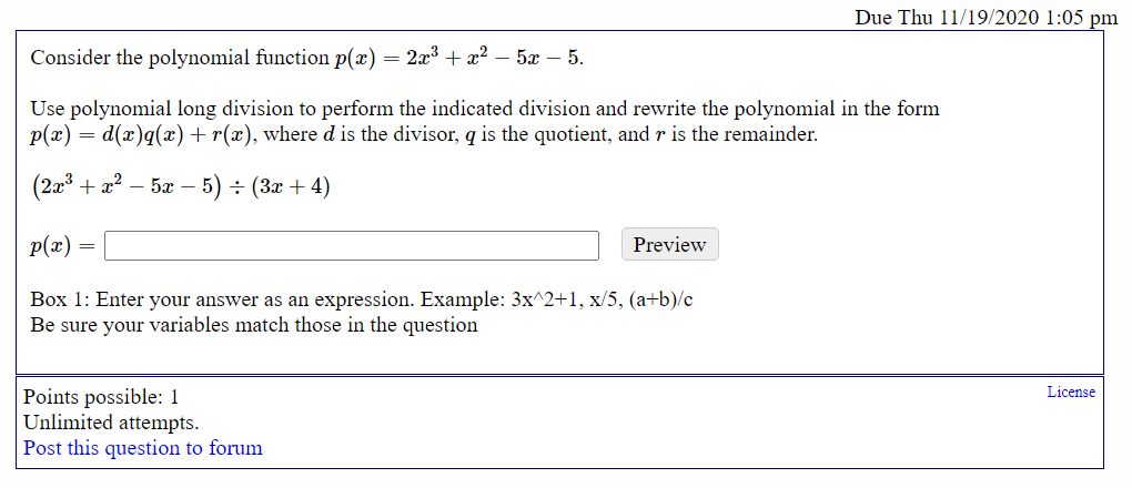 Solved Due Thu 11/19/2020 1:05 pm Consider the polynomial | Chegg.com