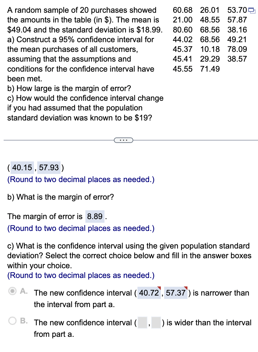 Solved A random sample of 20 ﻿purchases showed | Chegg.com