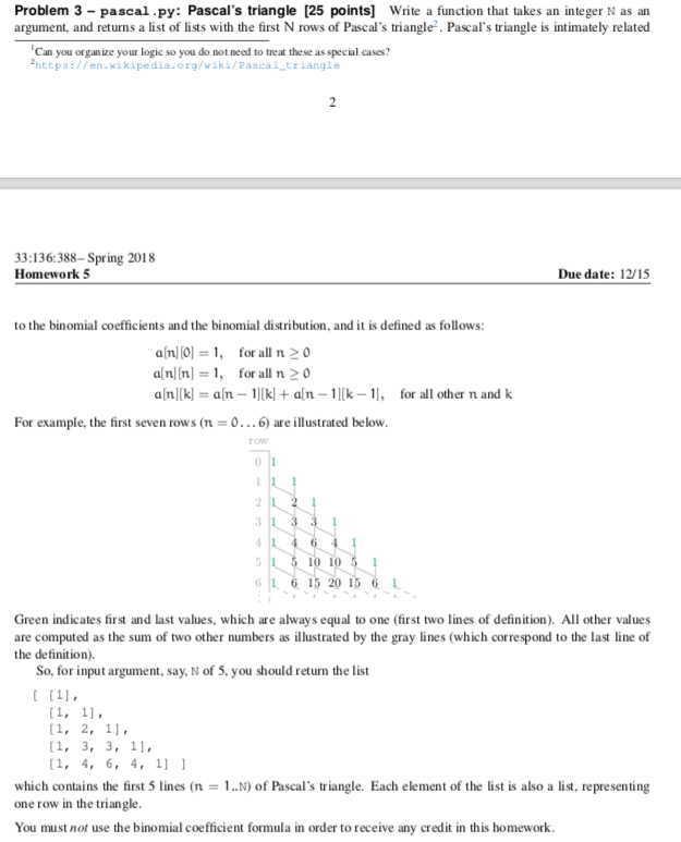 Solved Problem 3 - pascal.py: Pascal's triangle [25 points] | Chegg.com