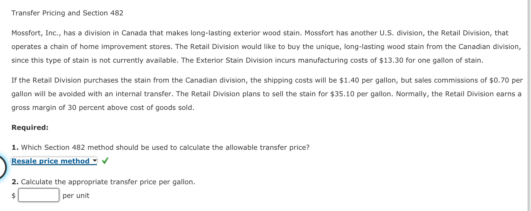 Solved Transfer Pricing and Section 482 Mossfort, Inc., has | Chegg.com
