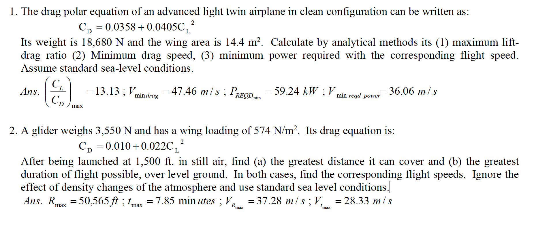 Solved 2 1. The drag polar equation of an advanced light | Chegg.com