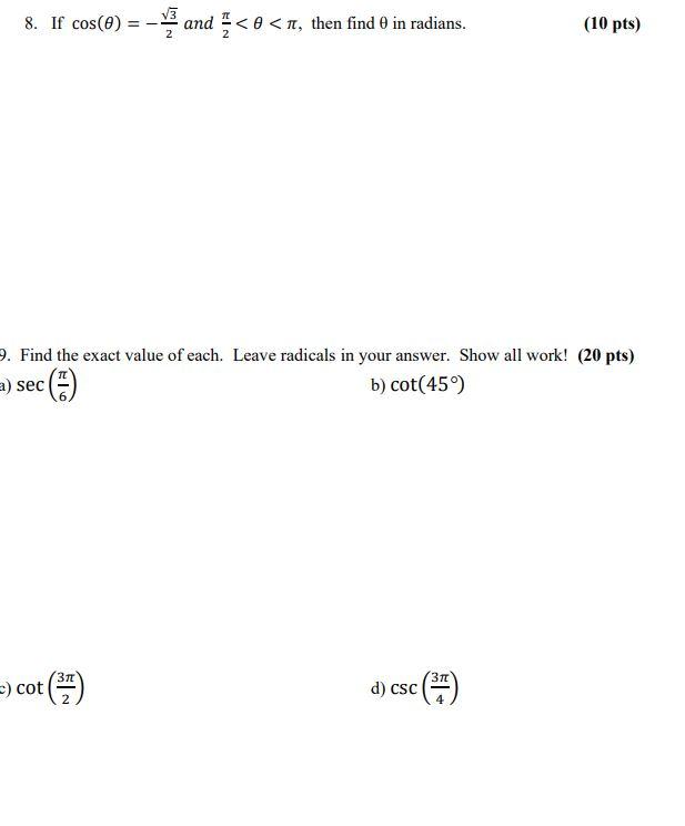 Solved 8. If cos(0) = - va and | Chegg.com