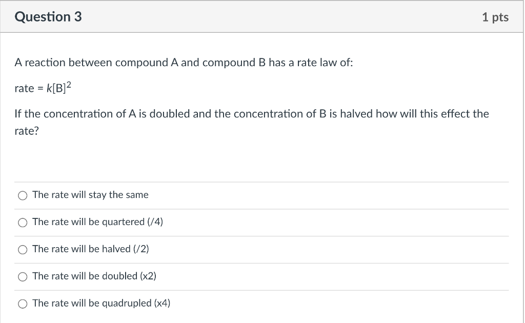 Solved Question 3 1 pts A reaction between compound A and | Chegg.com