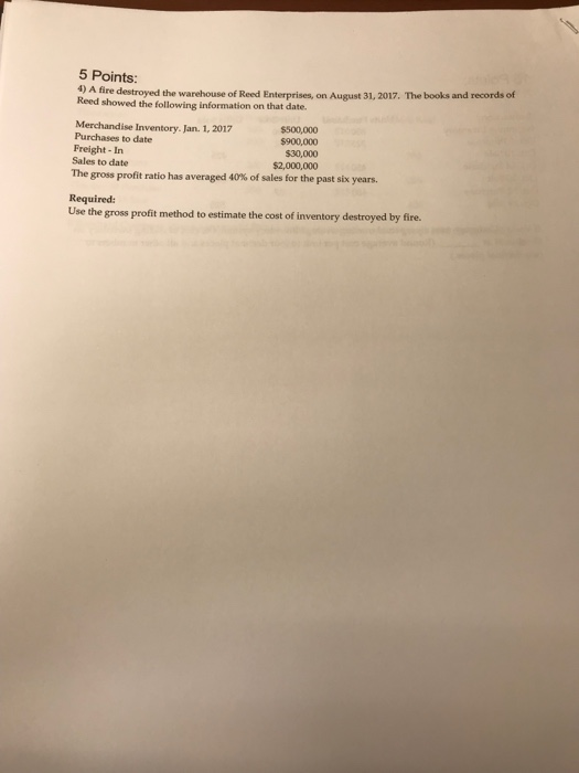 Solved 5 Points: )A Fire Destroyed The Warehouse Of Reed | Chegg.com