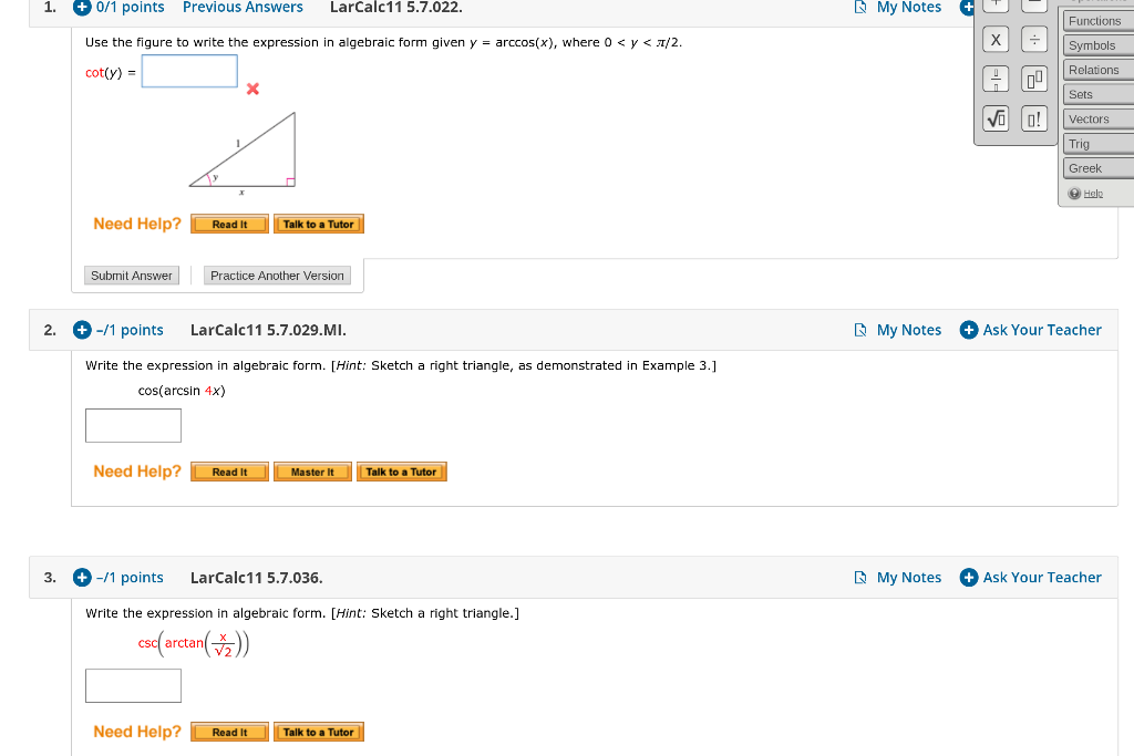 Solved 1. + 0/1 points Previous Answers LarCalc11 5.7.022. | Chegg.com