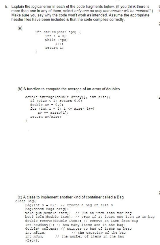 Solved E 5. Explain the logical error in each of the code | Chegg.com